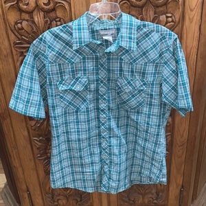 EUC Wrangler large snap front shirt green plaid